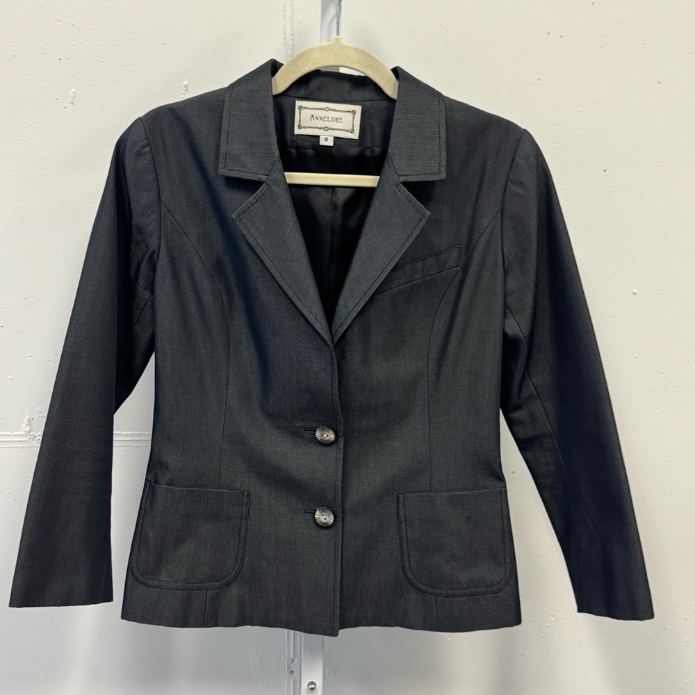 Annelore NYC Classic Career Business Casual Single Button Blazer Jacket Gray Sz8